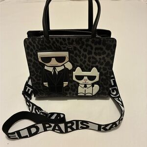 Karl Lagerfeld Black & White Leopard Tote with Karl and Choupette Appliqués
